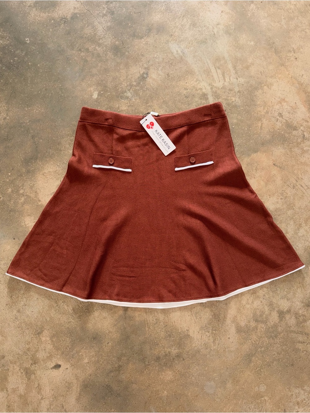 NWT Kate Kasin XL Coffee Brown Knit A-Line Skirt White Trim Preppy Mini